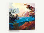 Alpenglow Through Branches, colourful snowy mountain valley painting, landscape canvas wall art print ready to hang