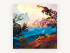 Alpenglow Through Branches, colourful snowy mountain valley painting, landscape canvas wall art print, front view