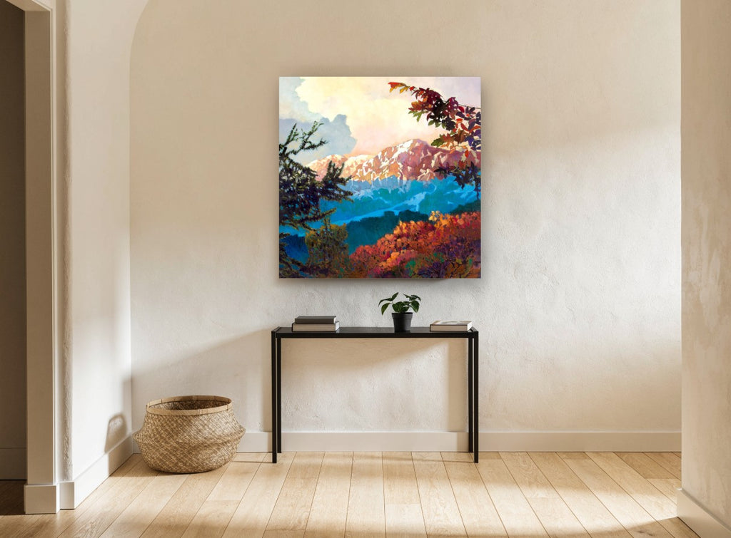 Alpenglow Through Branches landscape canvas print on the wall of a hallway