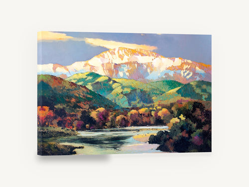 Alpenglow Over the Valley, snowy mountain river valley landscape, landscape canvas wall art print ready to hang