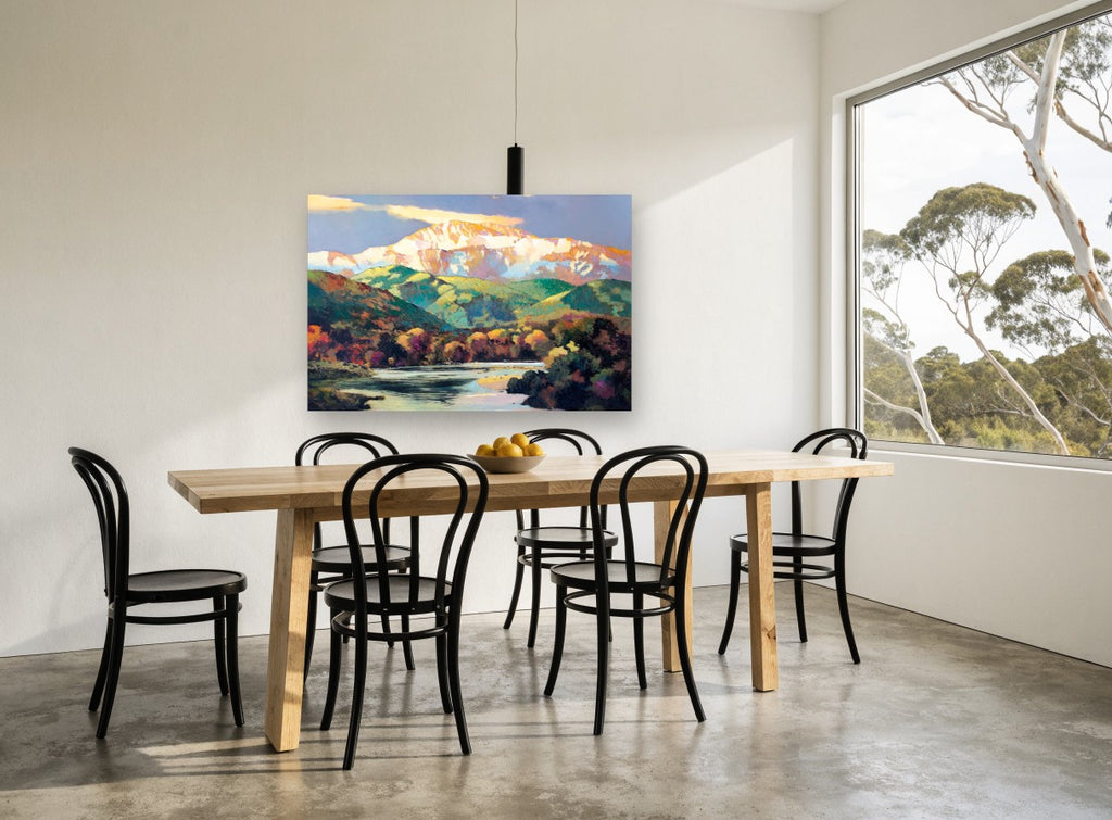 Alpenglow Over the Valley landscape canvas print on the wall of a dining room