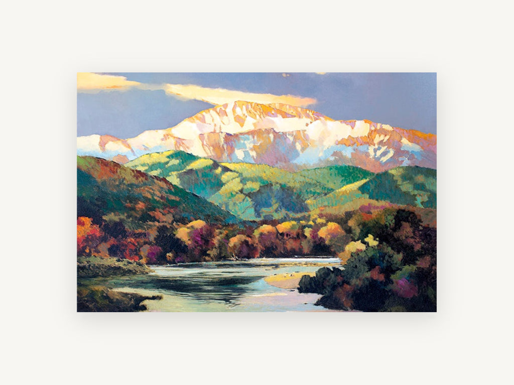 Alpenglow Over the Valley, snowy mountain river valley landscape, landscape canvas wall art print, front view