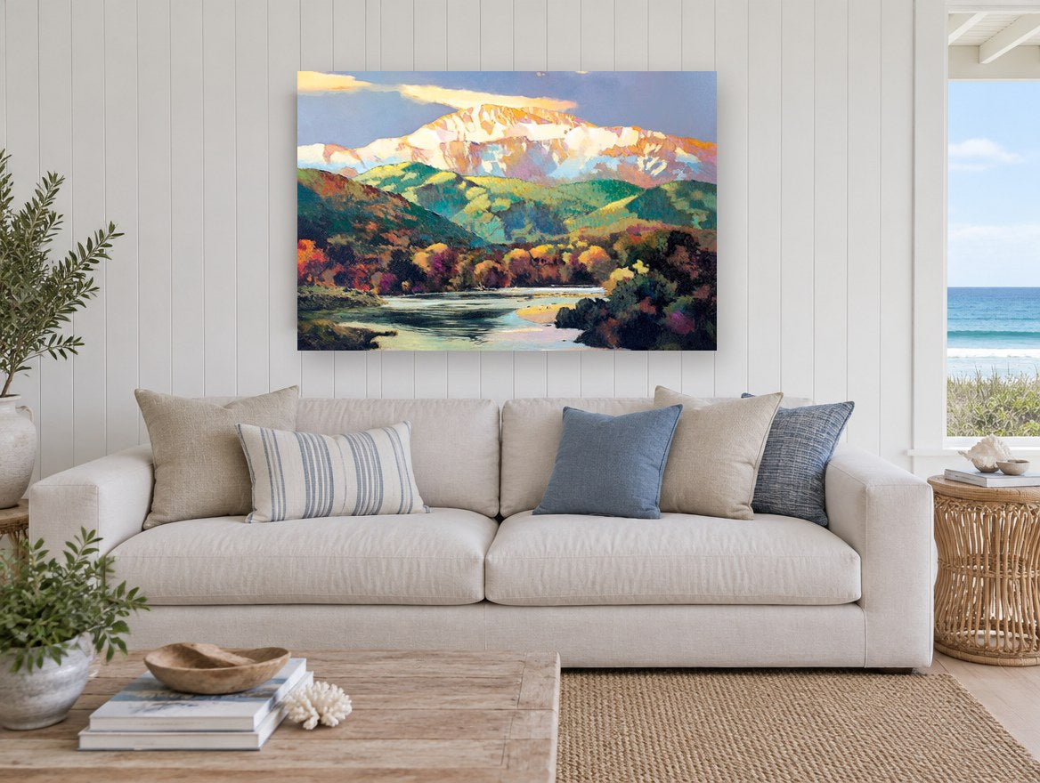 Alpenglow Over the Valley landscape canvas print on the wall of a beach house living room
