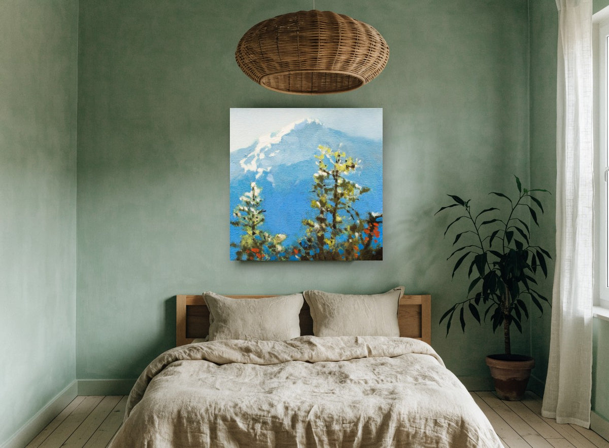 Blue Peak Through Pines landscape canvas print on the wall of a bedroom