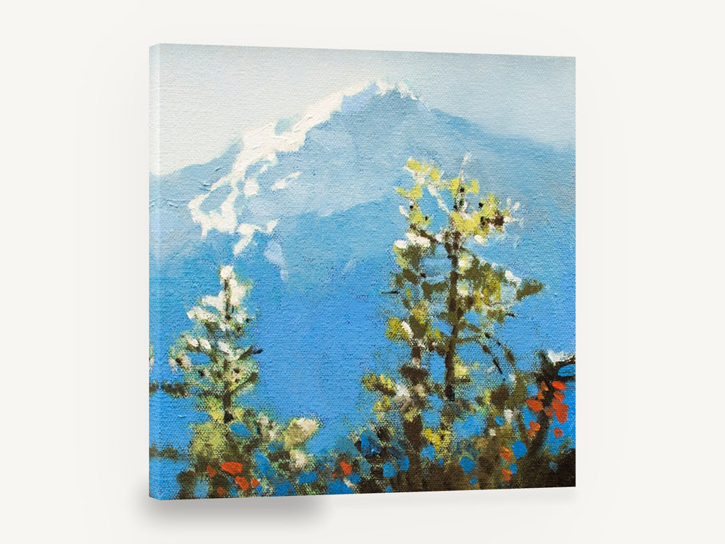 Blue Peak Through Pines, snowy blue mountain pine painting, landscape canvas wall art print ready to hang