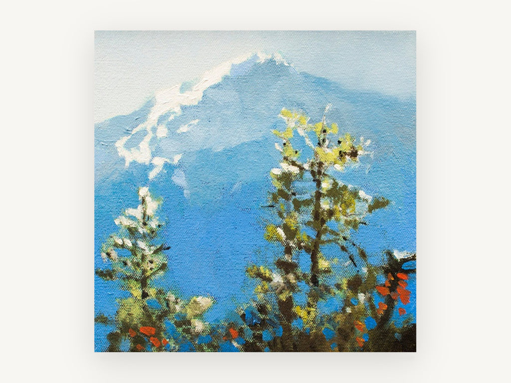 Blue Peak Through Pines, snowy blue mountain pine painting, landscape canvas wall art print, front view