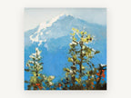 Blue Peak Through Pines, snowy blue mountain pine painting, landscape canvas wall art print, front view