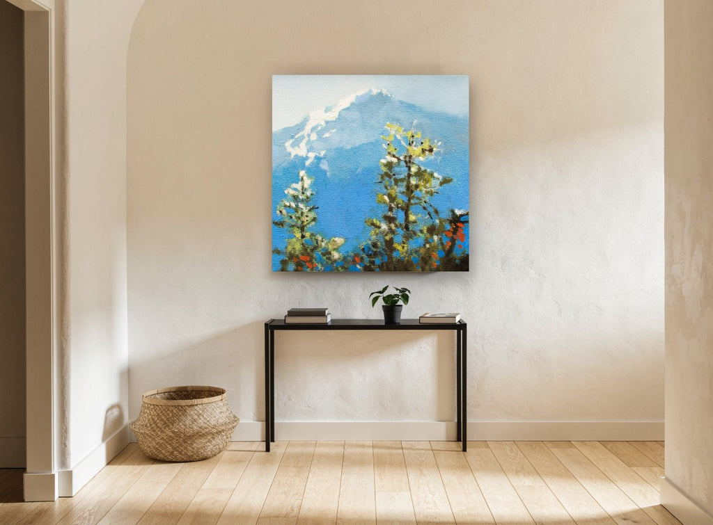 Blue Peak Through Pines landscape canvas print on the wall of a hallway