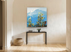 Blue Peak Through Pines landscape canvas print on the wall of a hallway