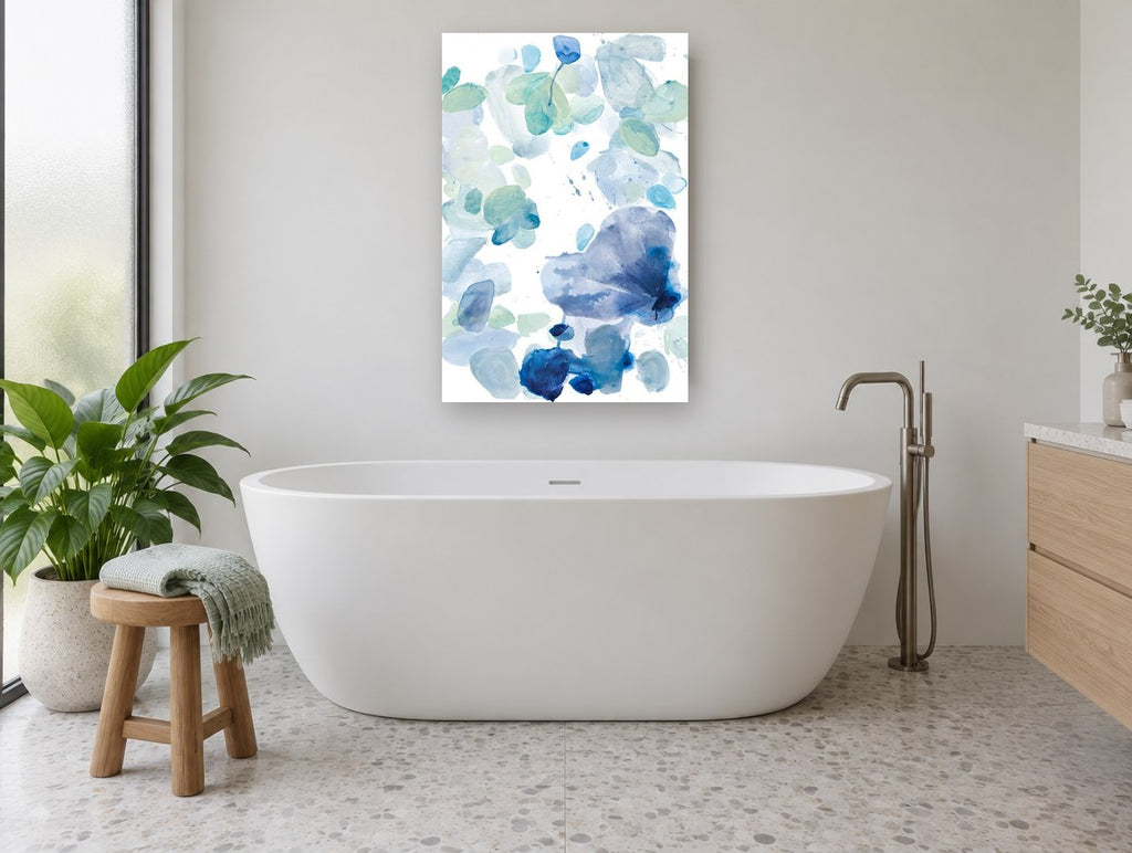 Blue Petal Drift floral canvas print on the wall of a bathroom
