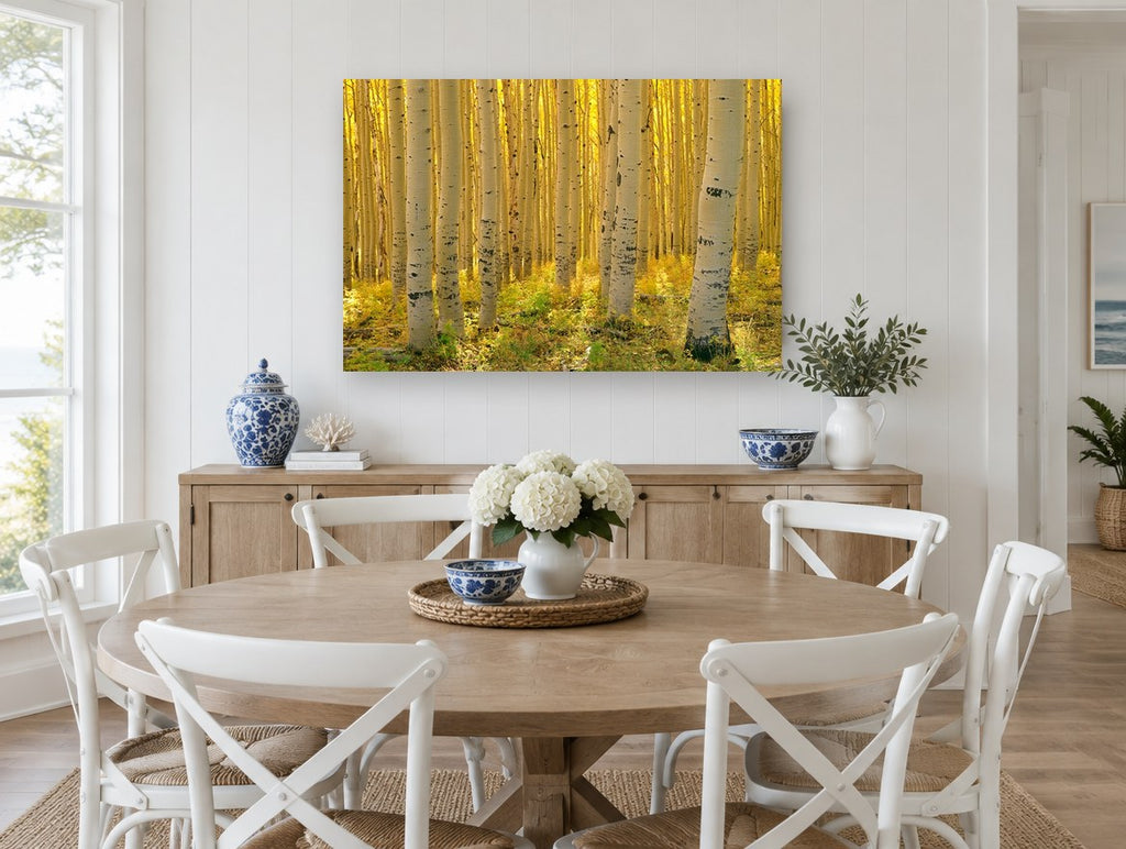 Sunlit Aspen Corridor landscape canvas print on the wall of a Hamptons dining room