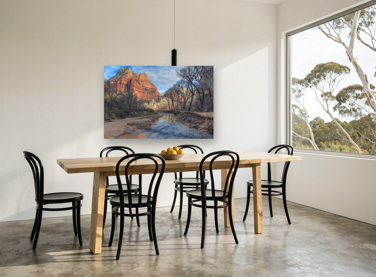 Red Cliff River Bend landscape canvas print on the wall of a dining room