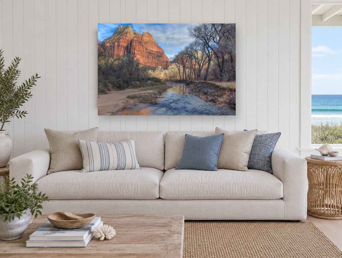 Red Cliff River Bend landscape canvas print on the wall of a beach house living room