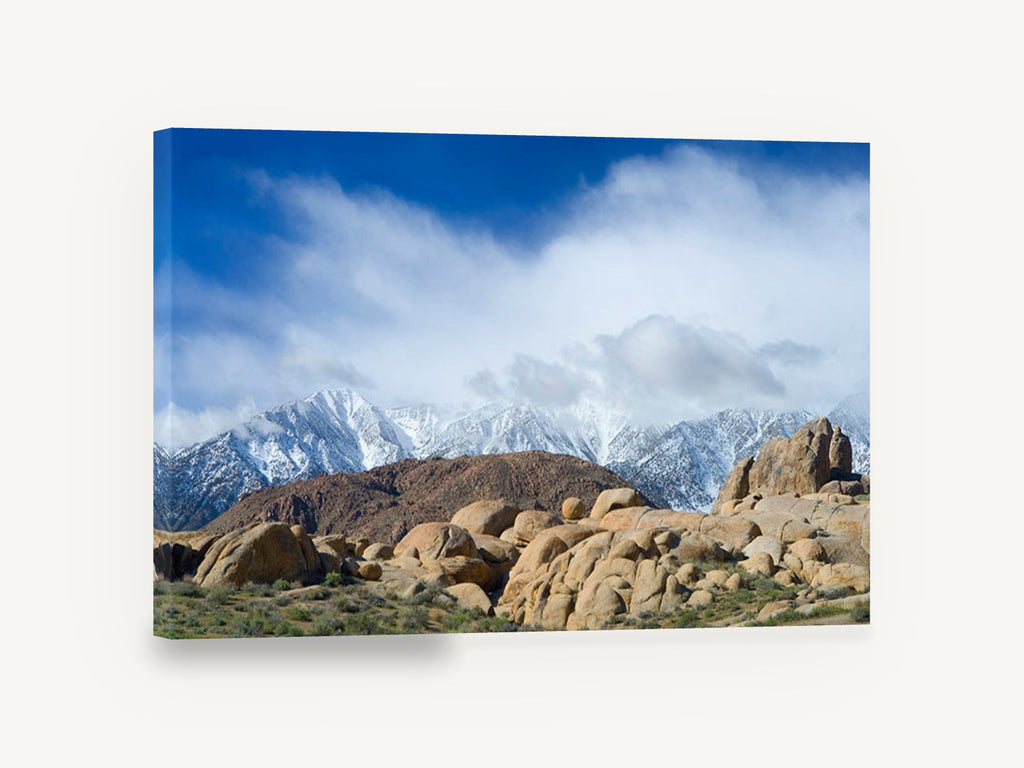 Boulders Beneath Snow Peaks, snowy mountains rocky boulders photograph, landscape canvas wall art print ready to hang