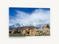 Boulders Beneath Snow Peaks, snowy mountains rocky boulders photograph, landscape canvas wall art print ready to hang