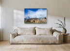 Boulders Beneath Snow Peaks landscape canvas print on the wall of a living room
