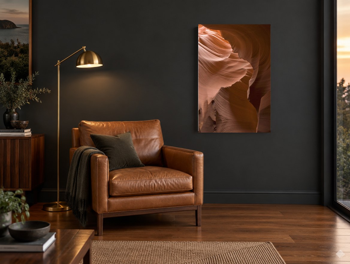 Canyon Wall Curves landscape canvas print on the wall of a charcoal living room