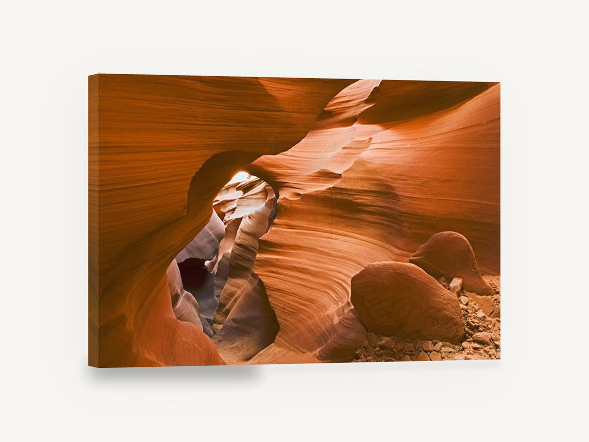 Glowing Canyon Passage, orange slot canyon sandstone photograph, landscape canvas wall art print ready to hang