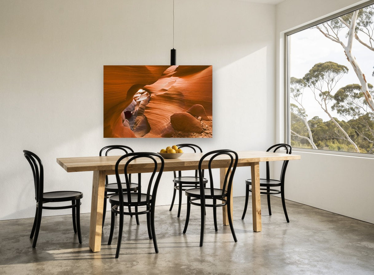 Glowing Canyon Passage landscape canvas print on the wall of a dining room