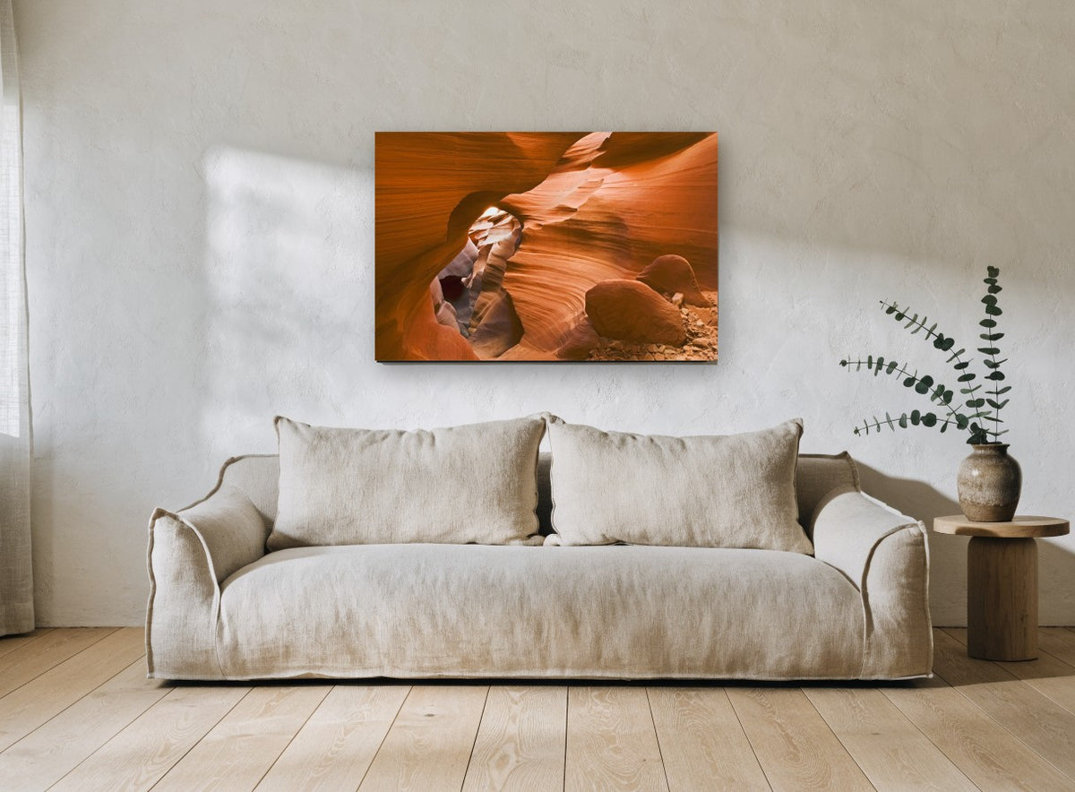 Glowing Canyon Passage landscape canvas print on the wall of a living room
