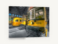 Trams Away for Night, vintage yellow tram depot photograph, stretched canvas wall art print ready to hang