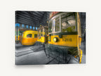 Trams Away for Night, vintage yellow tram depot photograph, stretched canvas wall art print ready to hang