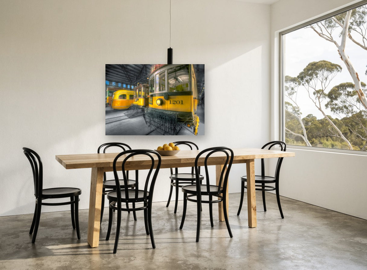 Trams Away for Night vintage canvas print on the wall of a dining room