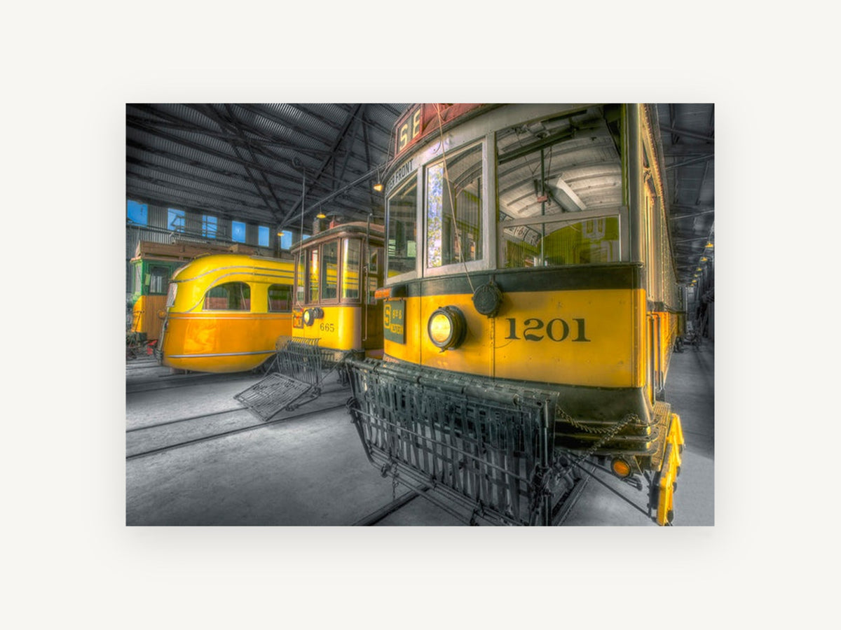 Trams Away for Night, vintage canvas wall art print, front view