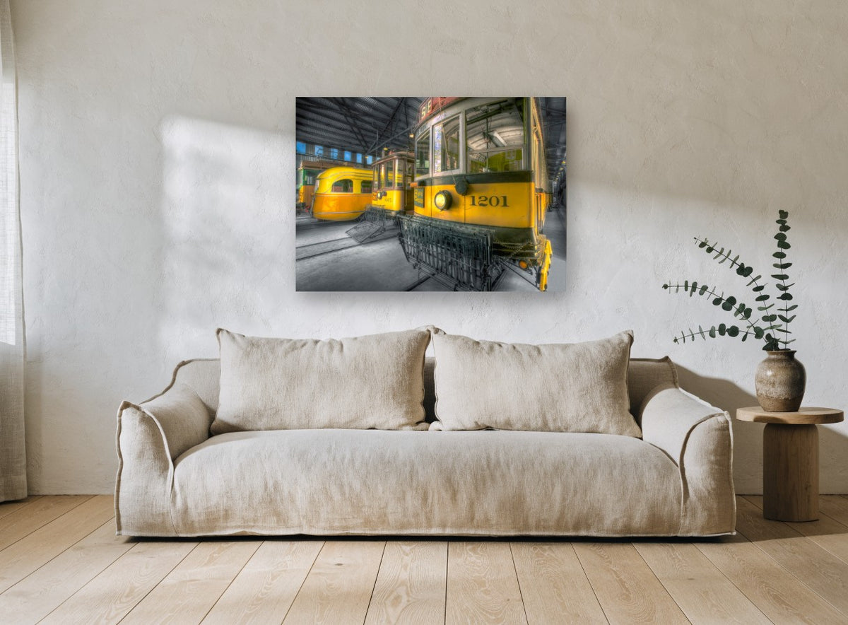 Trams Away for Night vintage canvas print on the wall of a living room