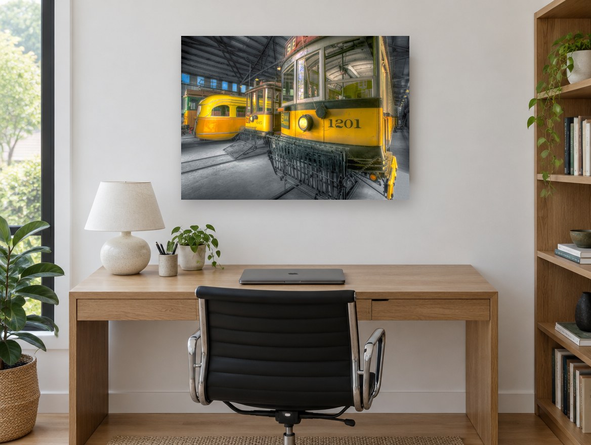 Trams Away for Night vintage canvas print on the wall of a study