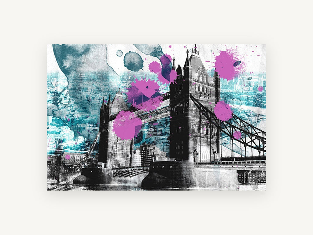 Tower Bridge Splatter, tower bridge london mixed media, city canvas wall art print, front view