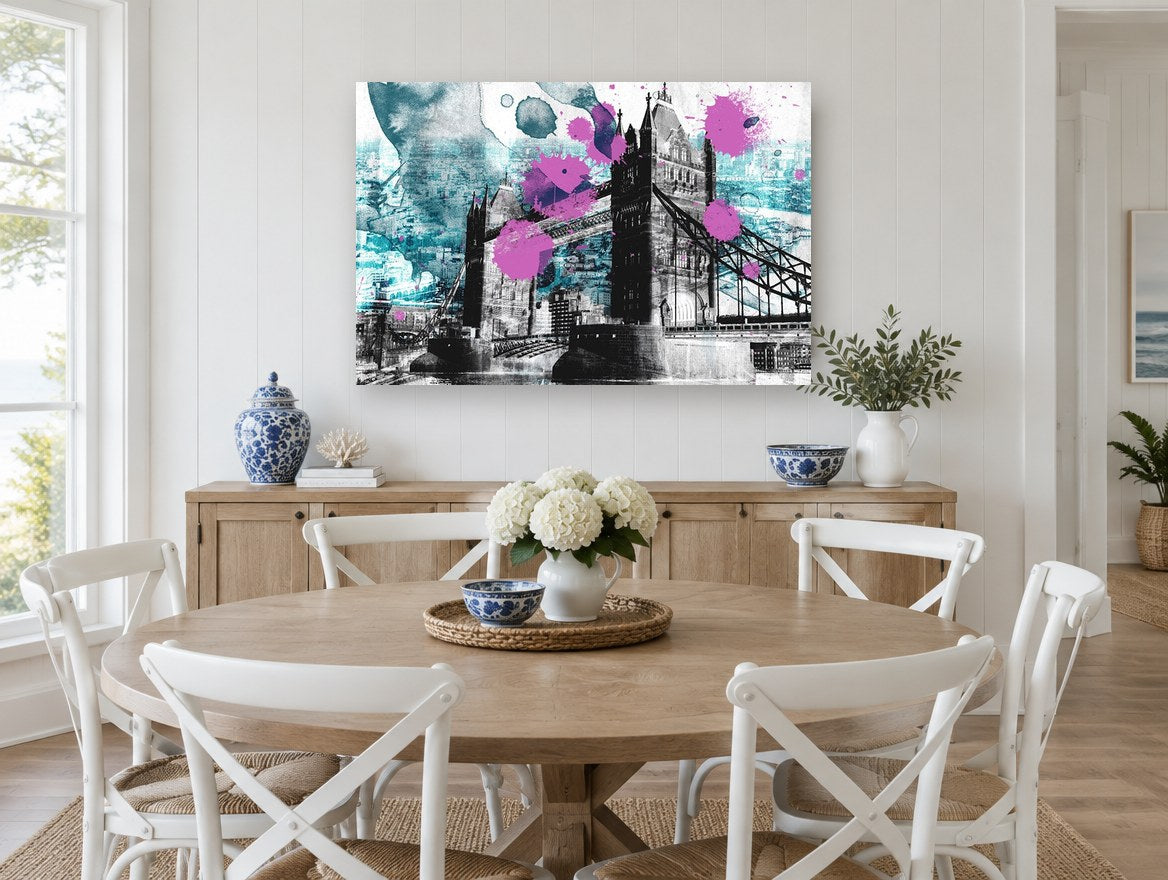 Tower Bridge Splatter city canvas print on the wall of a Hamptons dining room