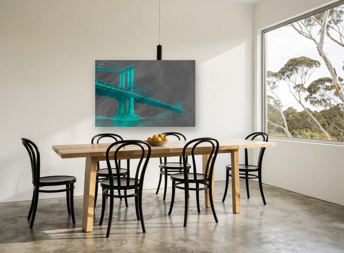 Teal Manhattan Bridge city canvas print on the wall of a dining room