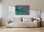 Teal Manhattan Bridge city canvas print on the wall of a living room
