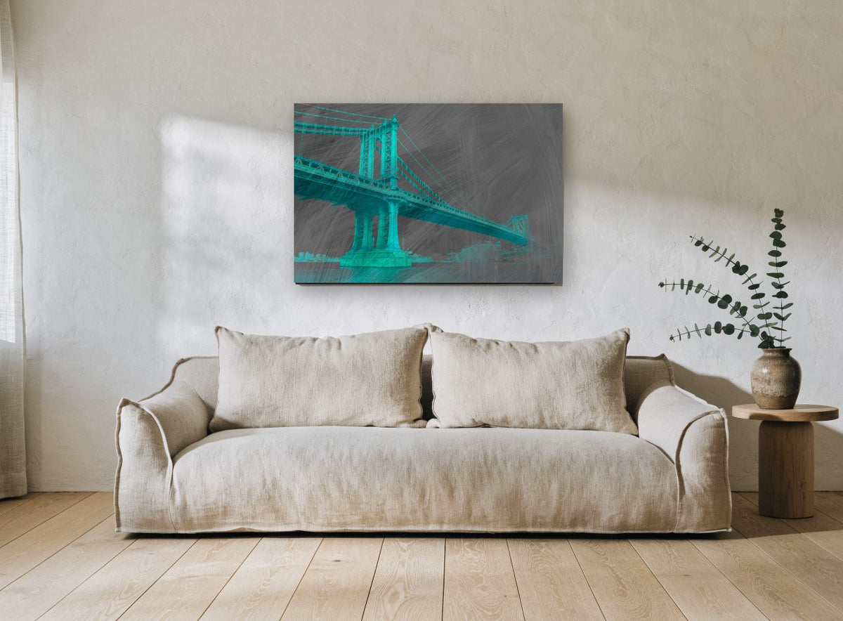 Teal Manhattan Bridge city canvas print on the wall of a living room
