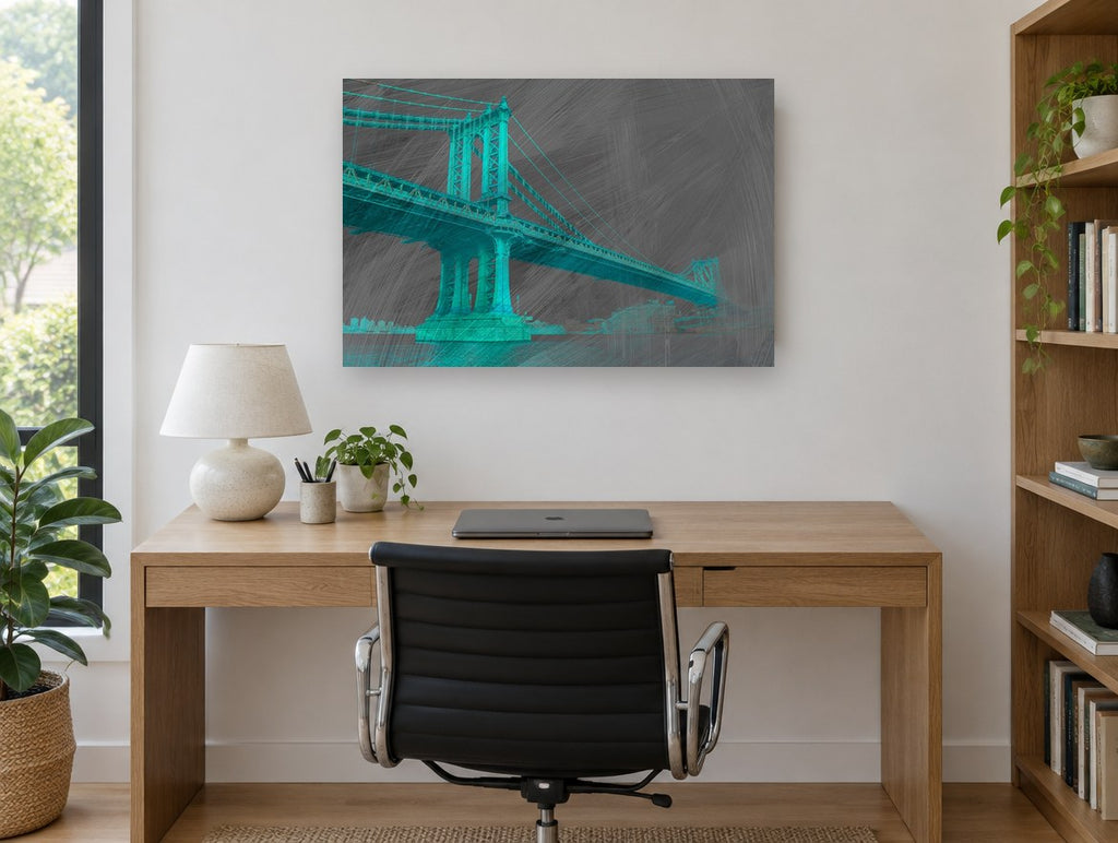 Teal Manhattan Bridge city canvas print on the wall of a study