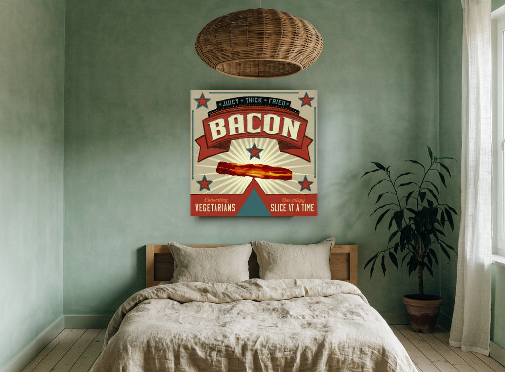 Crispy Bacon Banner vintage canvas print on the wall of a bedroom