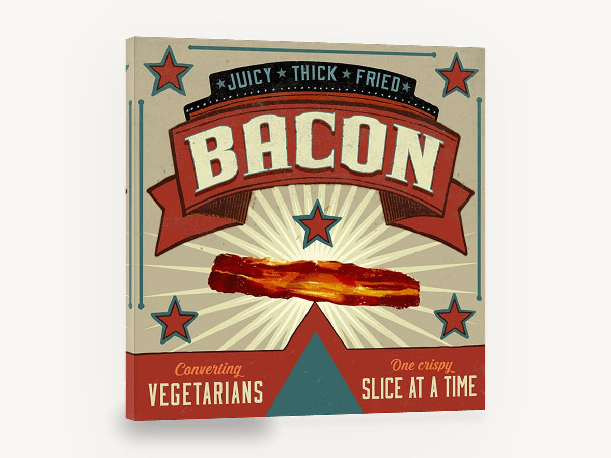 Crispy Bacon Banner, retro bacon advertising poster, stretched canvas wall art print ready to hang