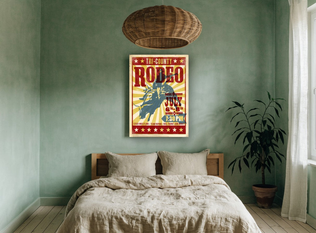 Tri-County Rodeo Night vintage canvas print on the wall of a bedroom