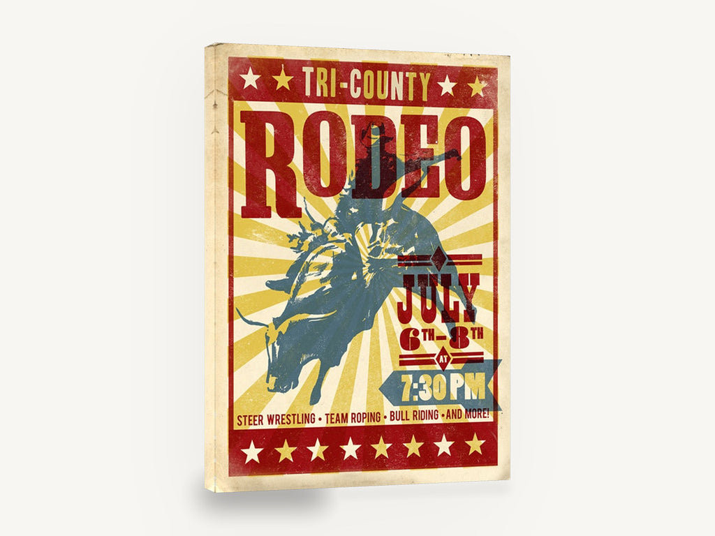 Tri-County Rodeo Night, retro rodeo bull riding poster, stretched canvas wall art print ready to hang
