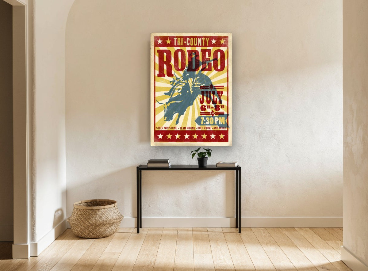 Tri-County Rodeo Night vintage canvas print on the wall of a hallway