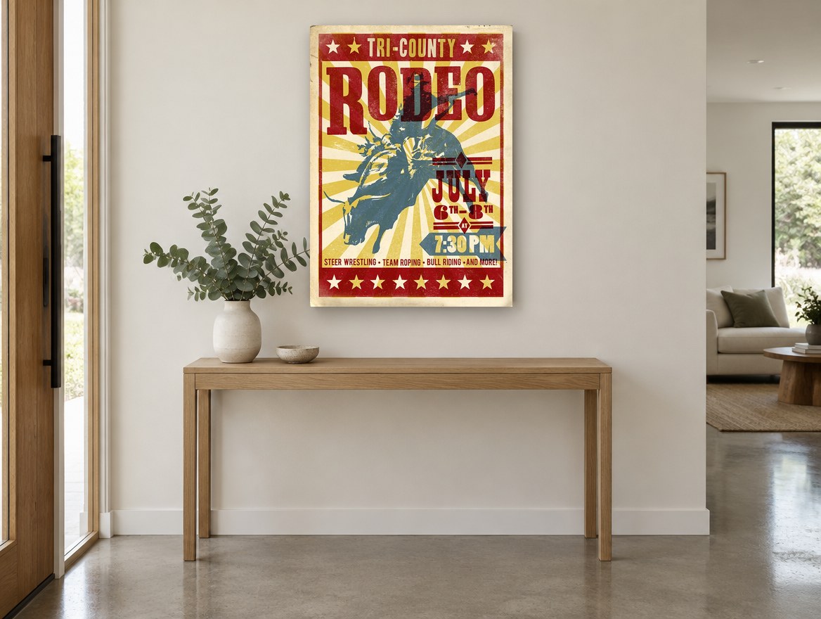 Tri-County Rodeo Night vintage canvas print on the wall of a entry hall
