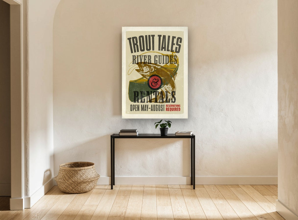 Trout Tales River Guides vintage canvas print on the wall of a hallway