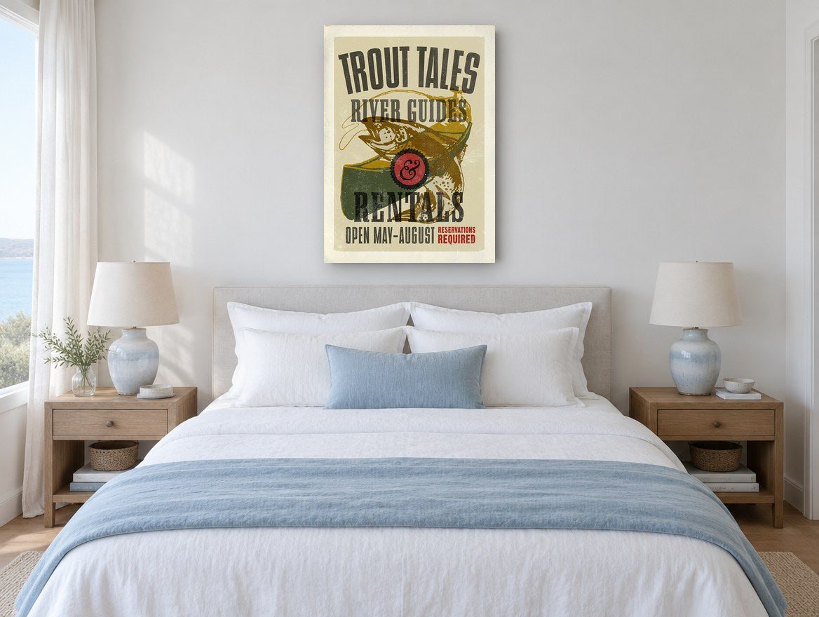 Trout Tales River Guides vintage canvas print on the wall of a coastal bedroom