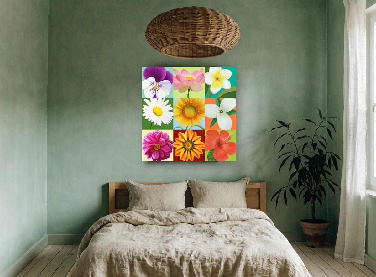 Nine Bloom Colour Grid floral canvas print on the wall of a bedroom