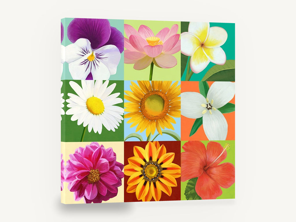 Nine Bloom Colour Grid, multi flower collage colourful grid, floral canvas wall art print ready to hang