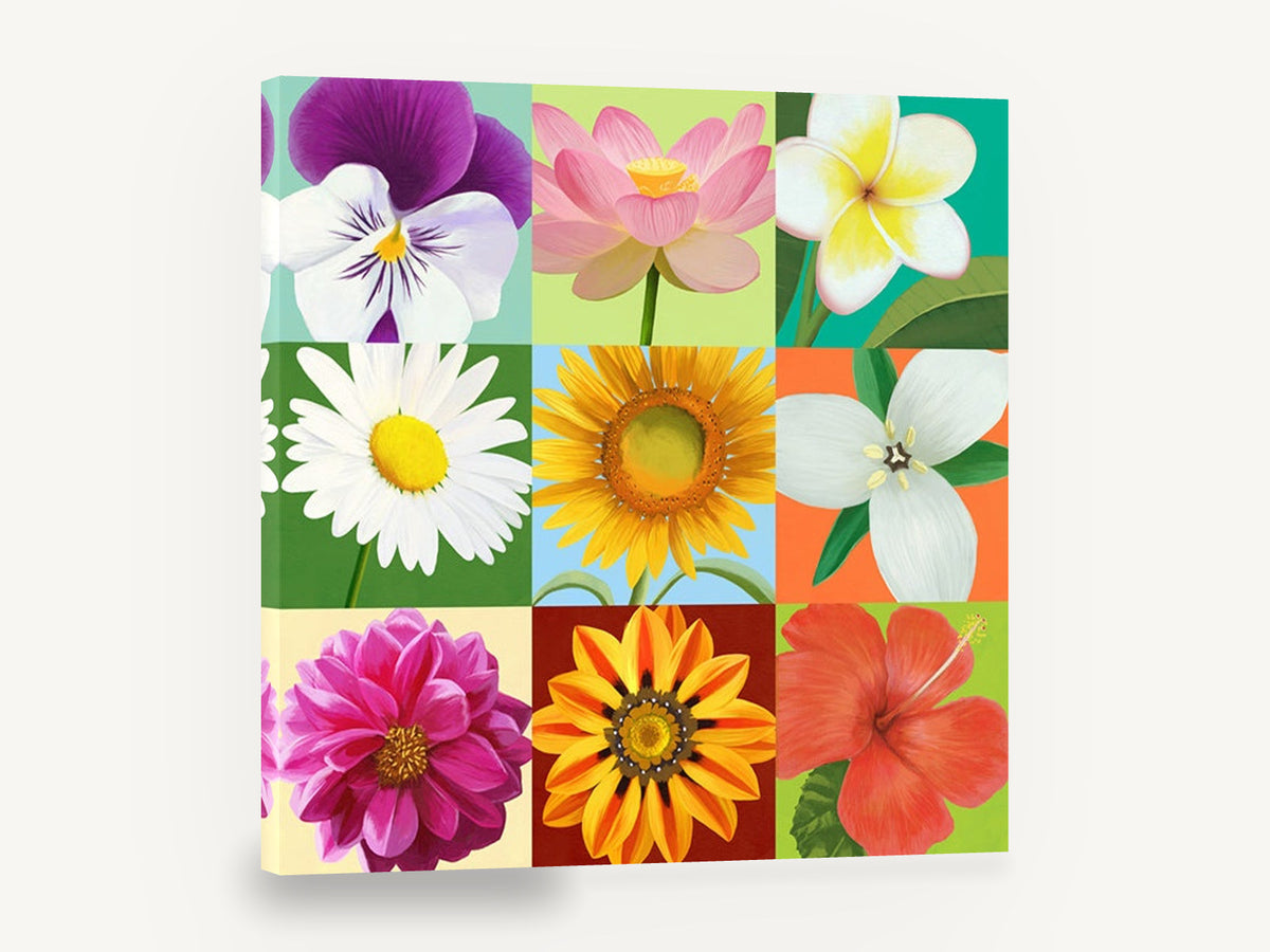 Nine Bloom Colour Grid, multi flower collage colourful grid, floral canvas wall art print ready to hang