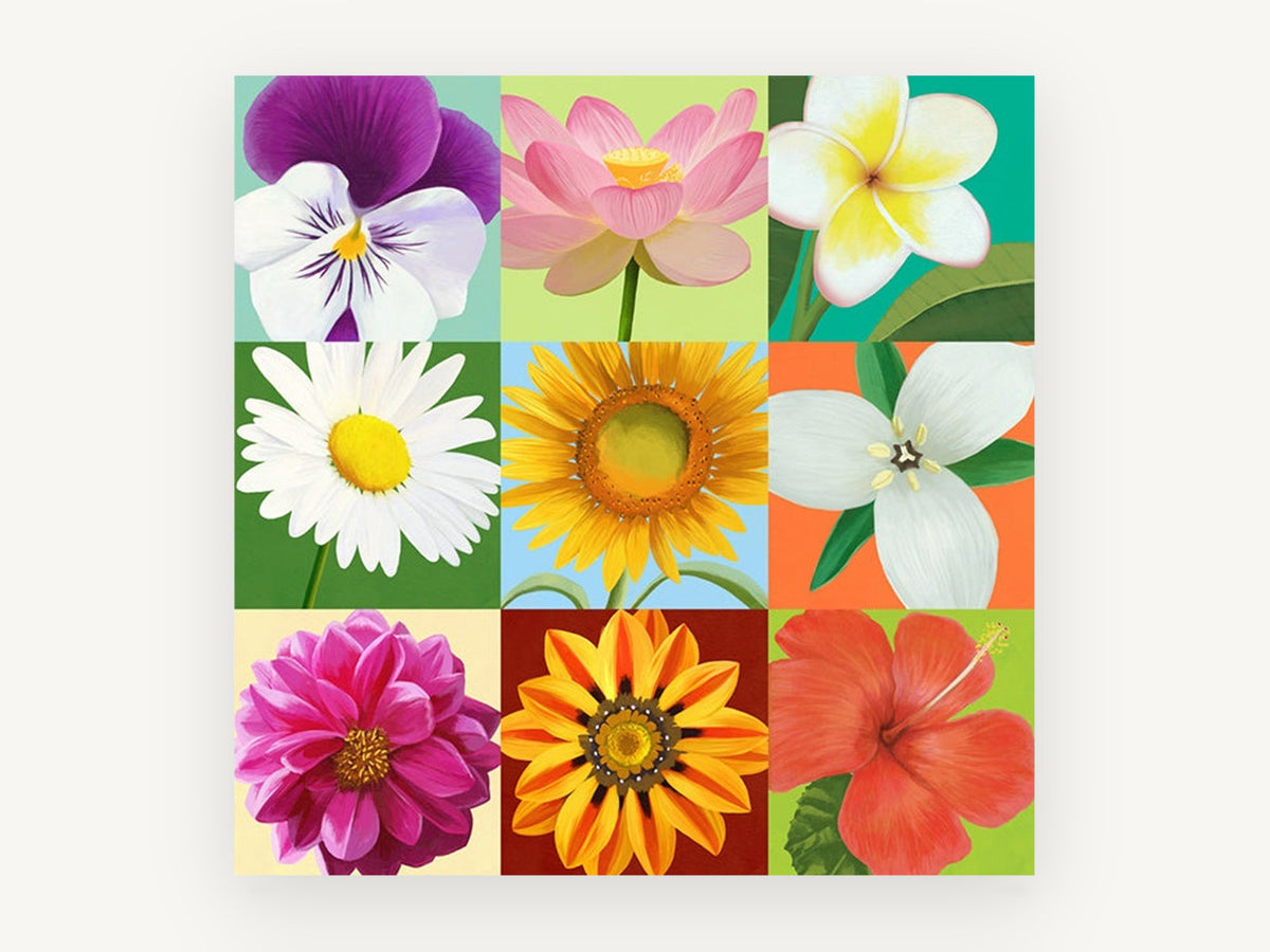 Nine Bloom Colour Grid, floral canvas wall art print, front view