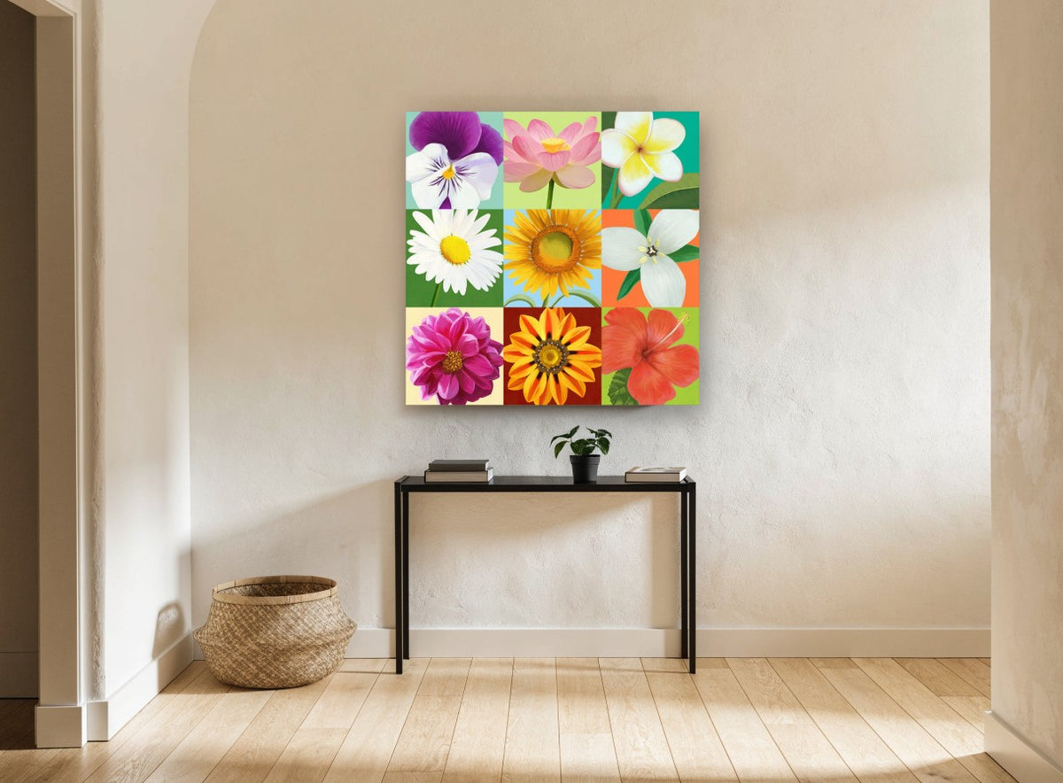 Nine Bloom Colour Grid floral canvas print on the wall of a hallway