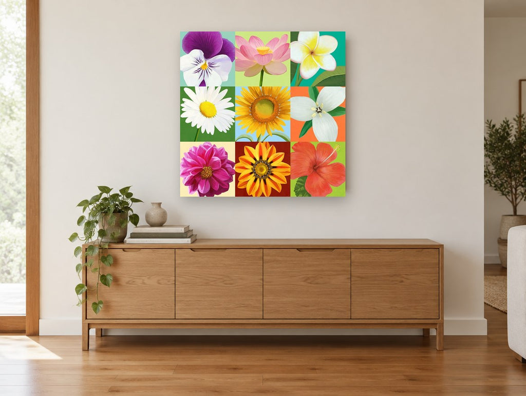 Nine Bloom Colour Grid floral canvas print on the wall of a living room above a sideboard